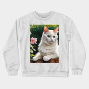 Cute White Cat With Flowers Watercolour Cat Art Crewneck Sweatshirt